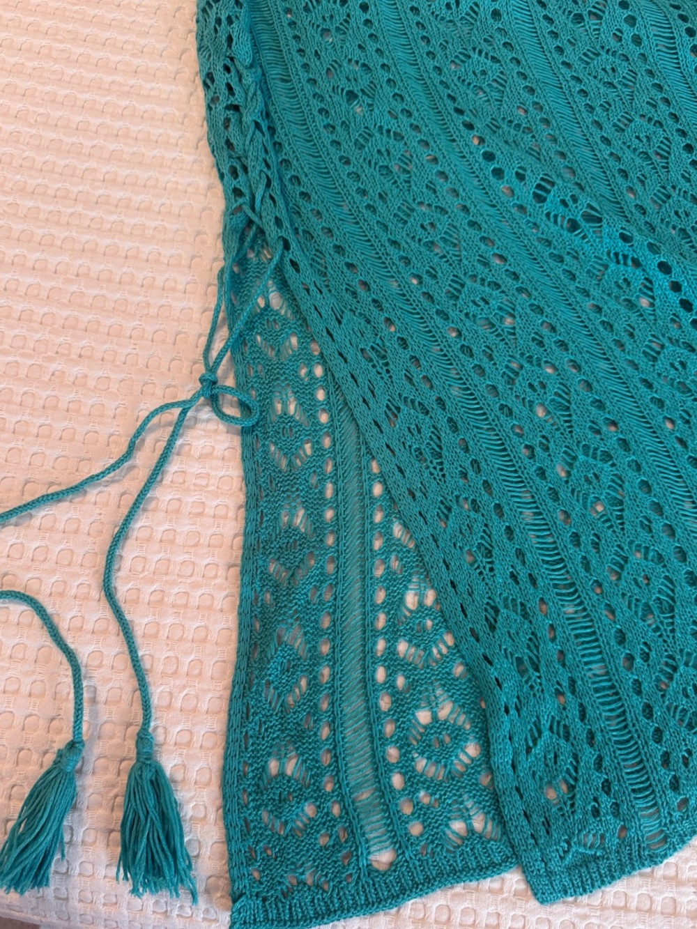 Teal Crochet V-Neck Swim Coverup with Tassel Ties - Picture 2 of 3